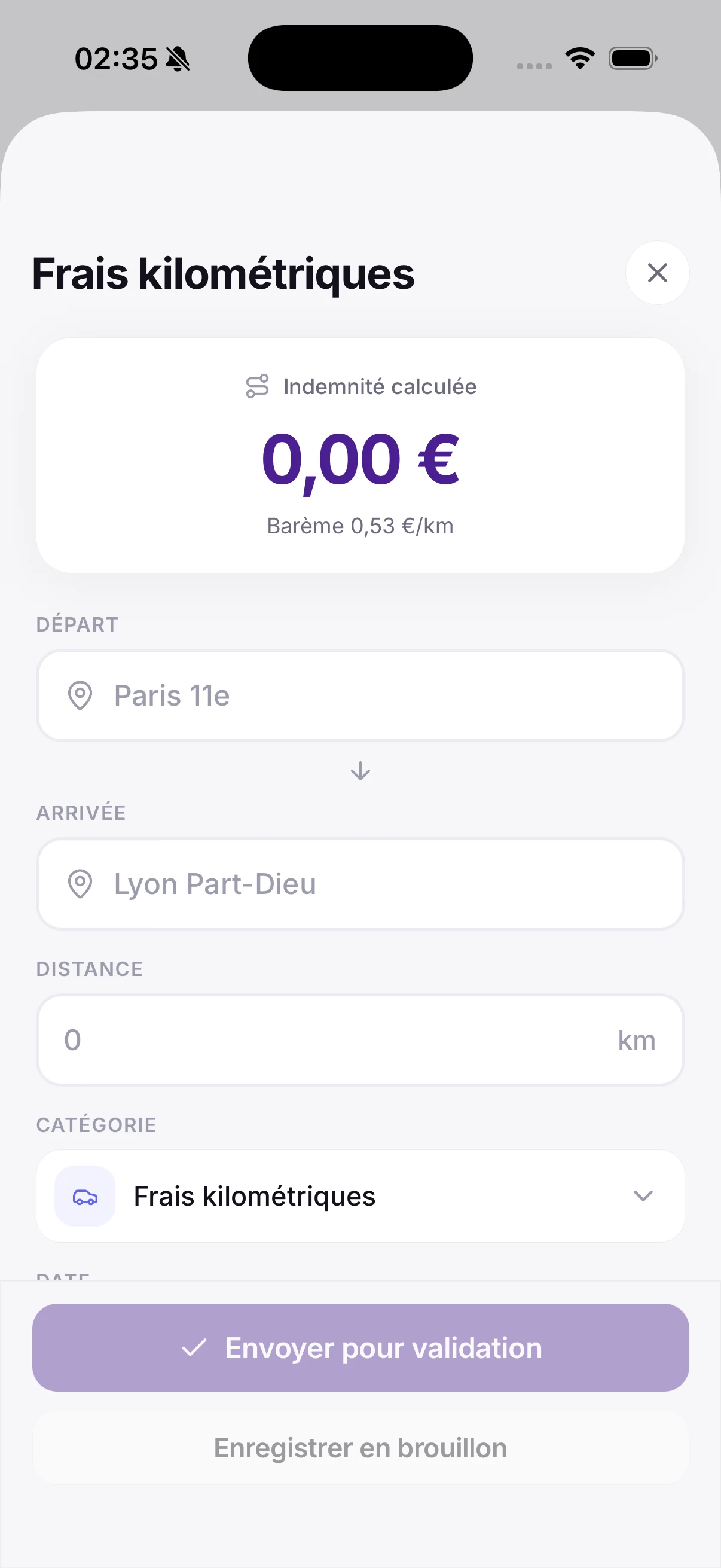 Saisie de frais kilométriques dans Neyte, avec application automatique du barème